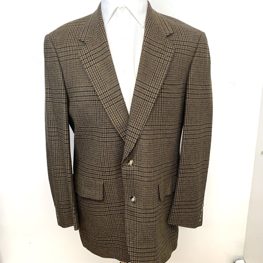 Austin Reed Brown Glen Plaid Sport Coat Men 42L Blazer 100% Wool Woven Scotland